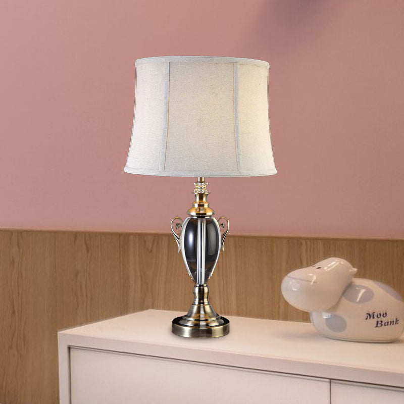 Cream Gray 1 Light Night Table Lamp Simple Fabric Paneled Bell Nightstand Light with Crystal Deco Cream Gray Clearhalo 'Lamps' 'Table Lamps' Lighting' 338379