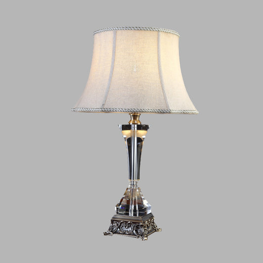 Cream Gray Tapered Night Table Light Countryside Fabric 1 Light Bedroom Nightstand Lamp with Crystal Base Clearhalo 'Lamps' 'Table Lamps' Lighting' 338387