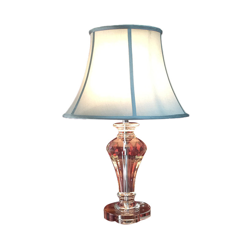 Fabric White/Blue Table Light Bell Single Light Rural Style Night Lamp with Clear Crystal Base Clearhalo 'Lamps' 'Table Lamps' Lighting' 338396