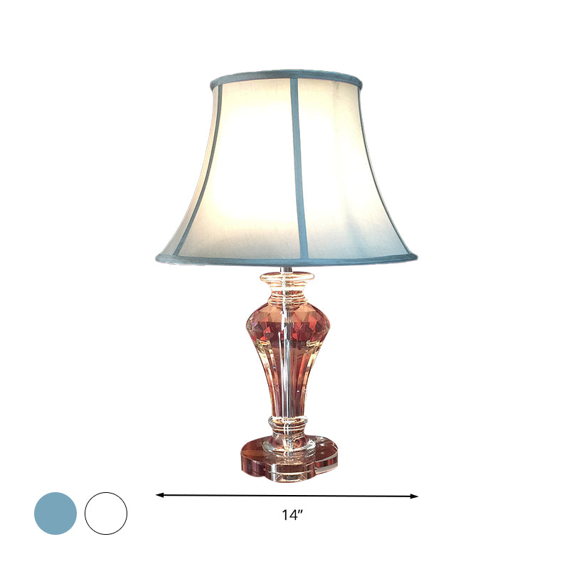 Fabric White/Blue Table Light Bell Single Light Rural Style Night Lamp with Clear Crystal Base Clearhalo 'Lamps' 'Table Lamps' Lighting' 338398