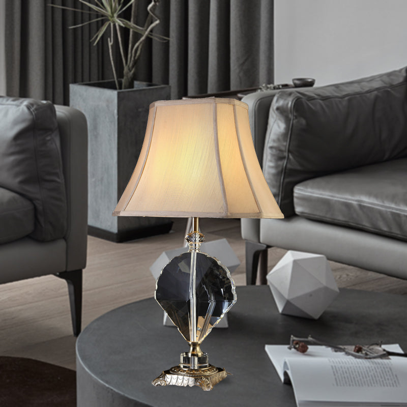 1 Light Table Lamp Minimalism Bell Shaped Fabric Night Light in Beige with Leaf Crystal Accent Beige Clearhalo 'Lamps' 'Table Lamps' Lighting' 338411