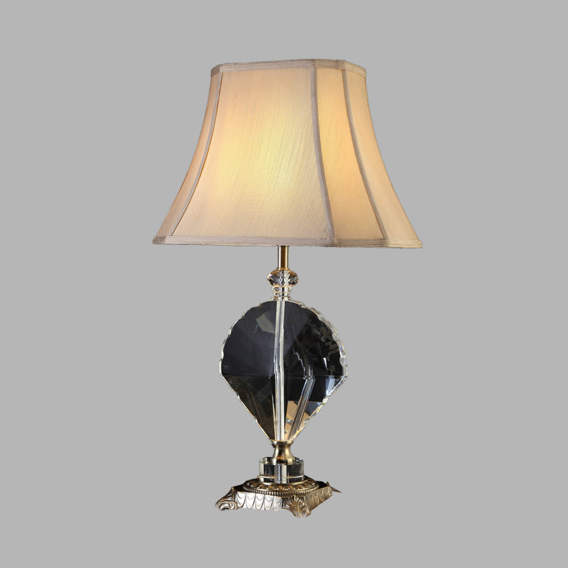 1 Light Table Lamp Minimalism Bell Shaped Fabric Night Light in Beige with Leaf Crystal Accent Clearhalo 'Lamps' 'Table Lamps' Lighting' 338414