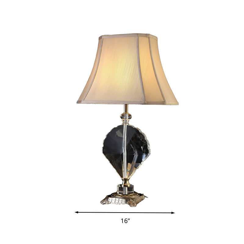 1 Light Table Lamp Minimalism Bell Shaped Fabric Night Light in Beige with Leaf Crystal Accent Clearhalo 'Lamps' 'Table Lamps' Lighting' 338415