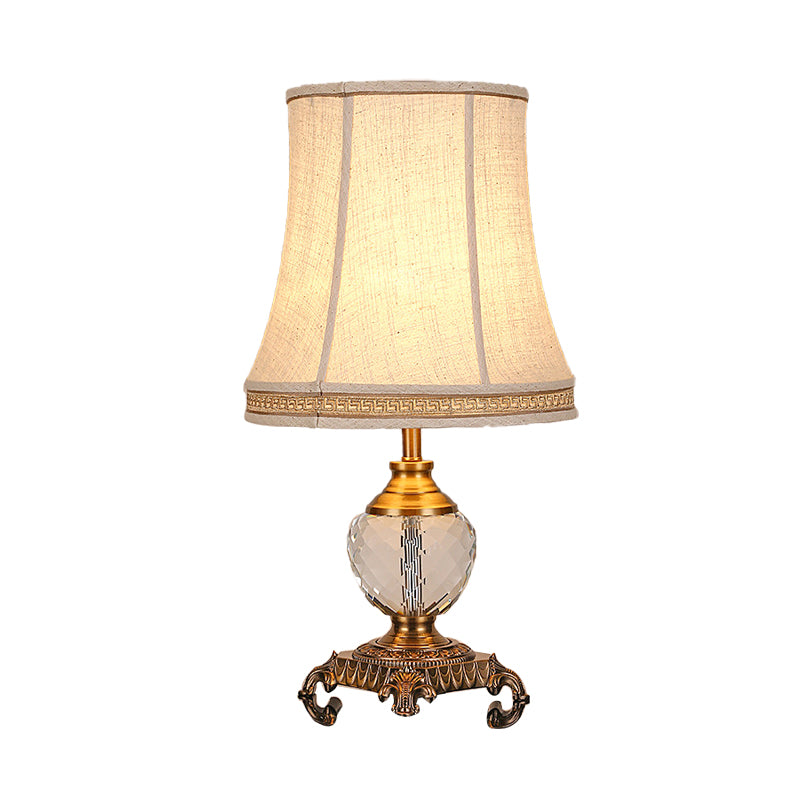 Tapered Bedroom Crystal Nightstand Light Rural Fabric 1 Light Beige Table Lamp with Braided Trim Clearhalo 'Lamps' 'Table Lamps' Lighting' 338433