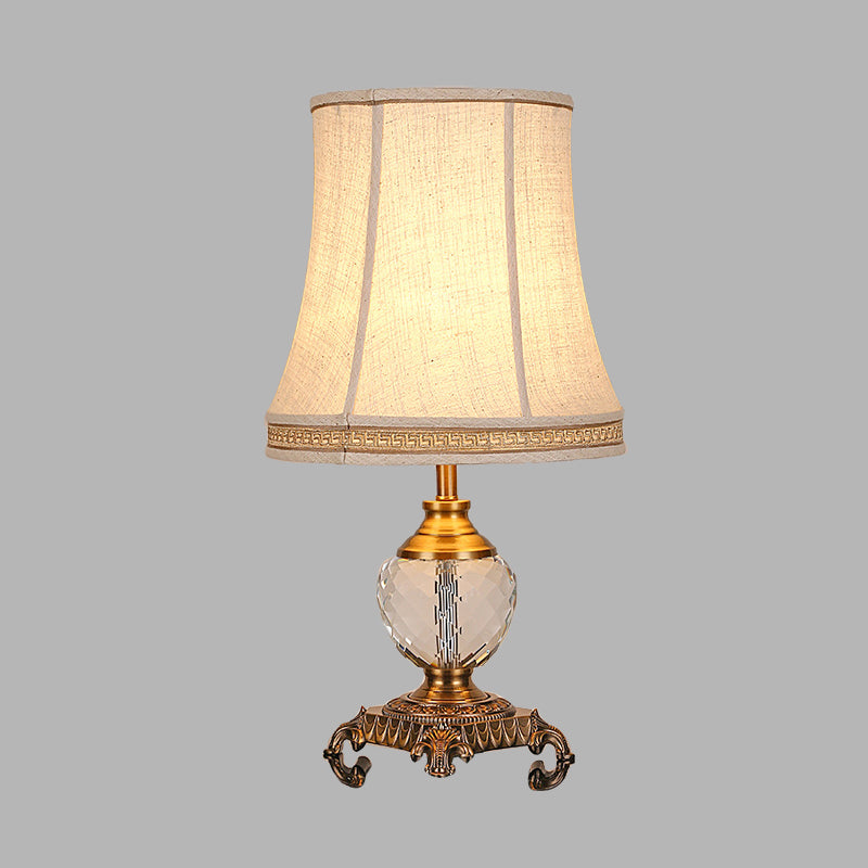 Tapered Bedroom Crystal Nightstand Light Rural Fabric 1 Light Beige Table Lamp with Braided Trim Clearhalo 'Lamps' 'Table Lamps' Lighting' 338434