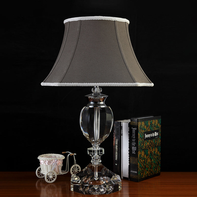 Grey Bell Table Lamp Countryside Fabric Single Head Bedroom Night Light with Crystal Base Clearhalo 'Lamps' 'Table Lamps' Lighting' 338442