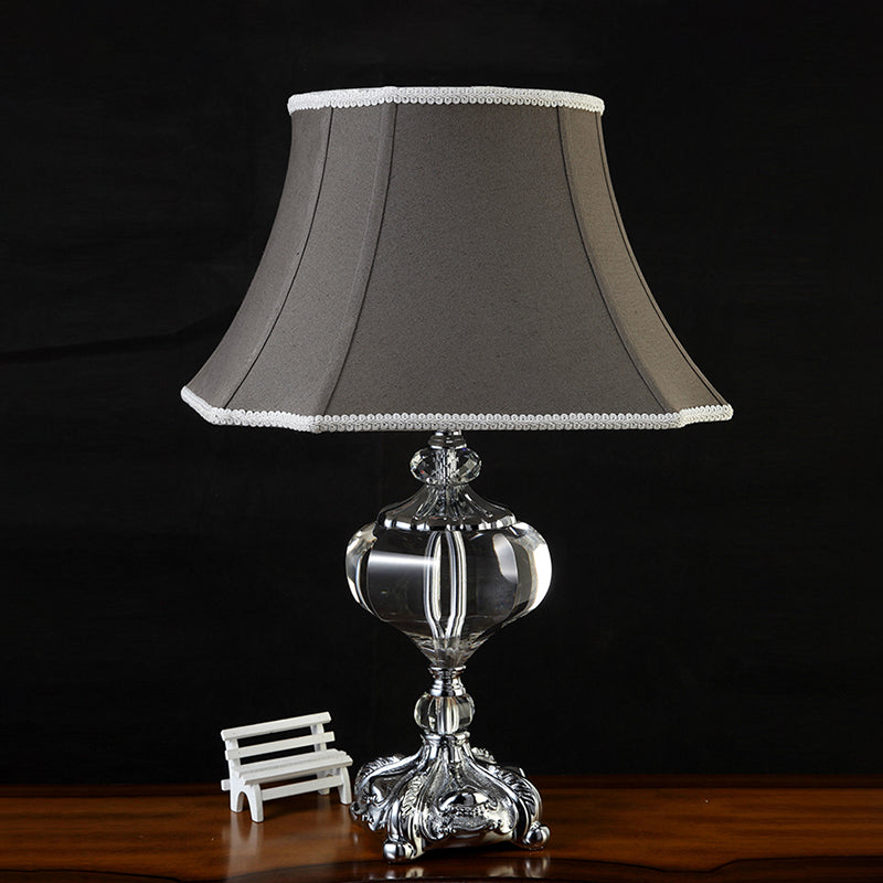 Fabric Grey Night Light Flared Single Head Traditionalism Nightstand Lamp with Crystal Base Clearhalo 'Lamps' 'Table Lamps' Lighting' 338452