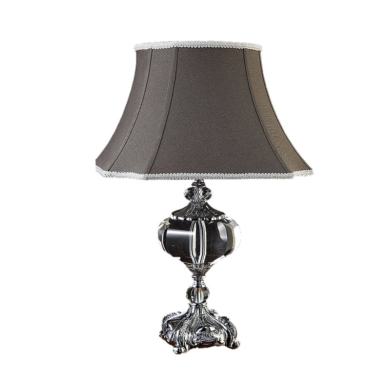 Fabric Grey Night Light Flared Single Head Traditionalism Nightstand Lamp with Crystal Base Clearhalo 'Lamps' 'Table Lamps' Lighting' 338453