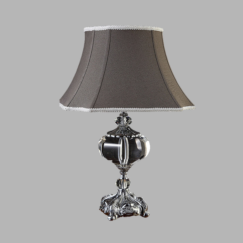 Fabric Grey Night Light Flared Single Head Traditionalism Nightstand Lamp with Crystal Base Clearhalo 'Lamps' 'Table Lamps' Lighting' 338454