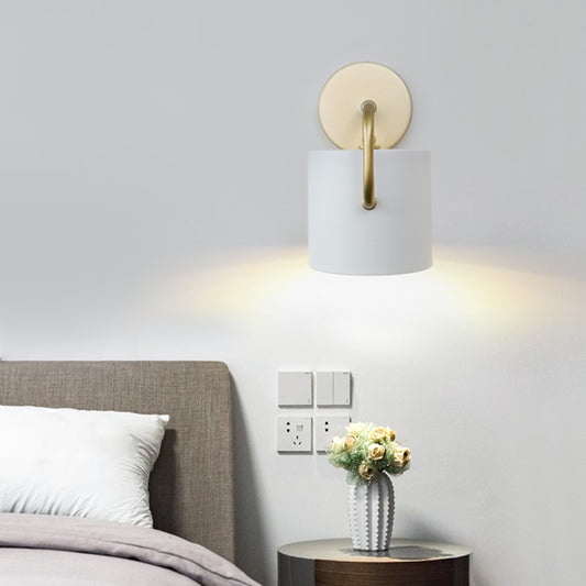 Cylinder Wall Lamp Contemporary Metal 1 Bulb White Sconce Light Fixture with Curved Arm White Clearhalo 'Cast Iron' 'Glass' 'Industrial' 'Modern wall lights' 'Modern' 'Tiffany' 'Traditional wall lights' 'Wall Lamps & Sconces' 'Wall Lights' Lighting' 338470