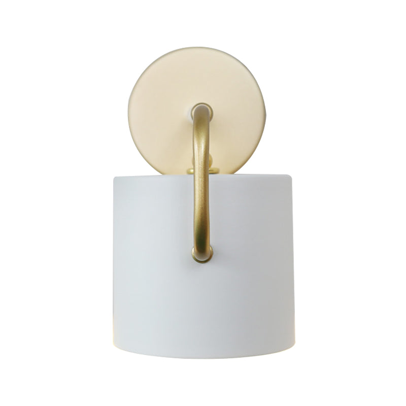 Cylinder Wall Lamp Contemporary Metal 1 Bulb White Sconce Light Fixture with Curved Arm Clearhalo 'Cast Iron' 'Glass' 'Industrial' 'Modern wall lights' 'Modern' 'Tiffany' 'Traditional wall lights' 'Wall Lamps & Sconces' 'Wall Lights' Lighting' 338472