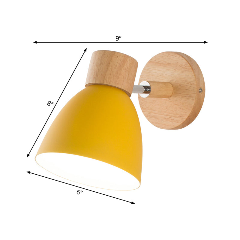 Metal Flare Wall Lighting Modern 1 Head Sconce Light Fixture in Yellow with Circle Wood Backplate Clearhalo 'Wall Lamps & Sconces' 'Wall Lights' Lighting' 338484