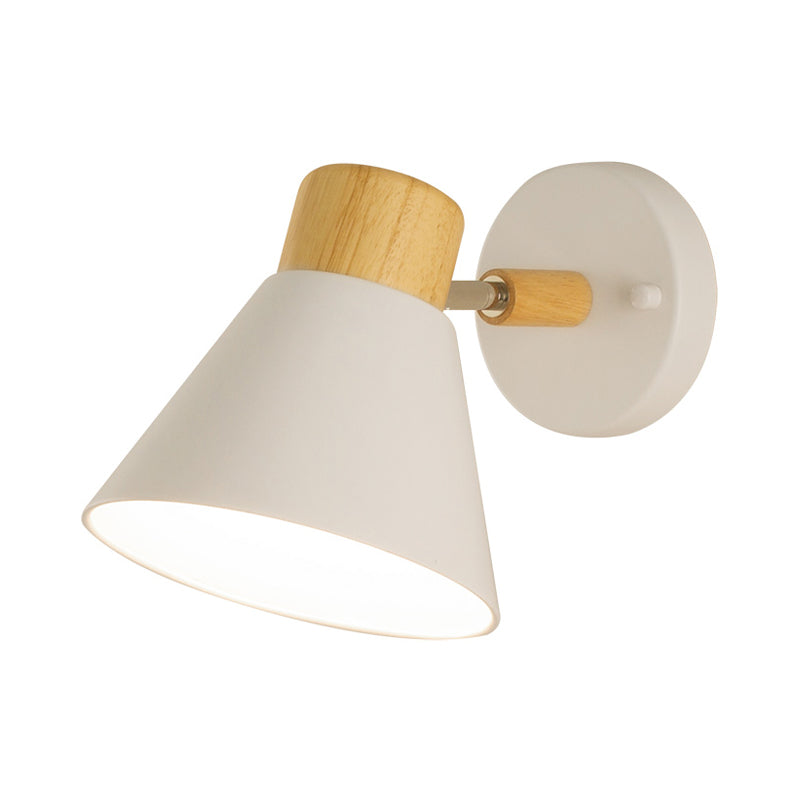 Modernism Conical Sconce Metal 1 Bulb Wall Mount Light Fixture in White with Wood Cap Clearhalo 'Wall Lamps & Sconces' 'Wall Lights' Lighting' 338488