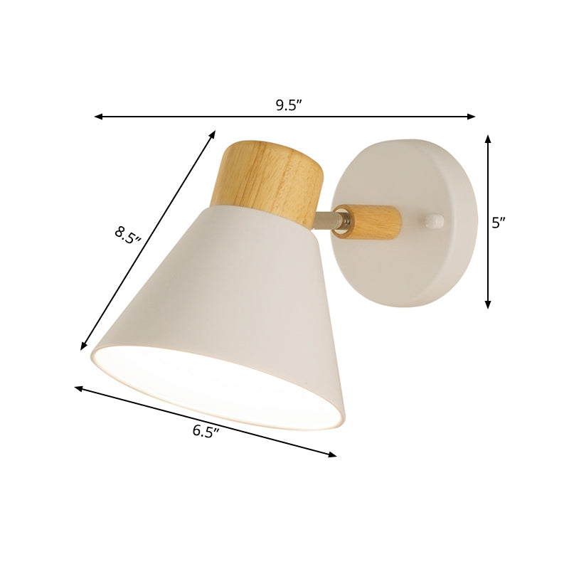 Modernism Conical Sconce Metal 1 Bulb Wall Mount Light Fixture in White with Wood Cap Clearhalo 'Wall Lamps & Sconces' 'Wall Lights' Lighting' 338489