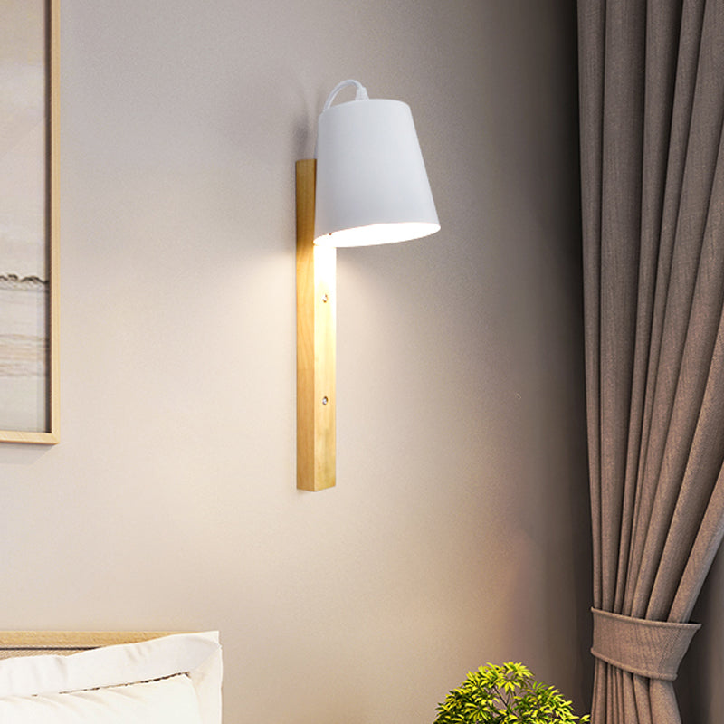 Metal Bell Wall Lamp Modern 1 Head Black/White Sconce Light Fixture with Rectangle Wood Backplate White Clearhalo 'Wall Lamps & Sconces' 'Wall Lights' Lighting' 338515