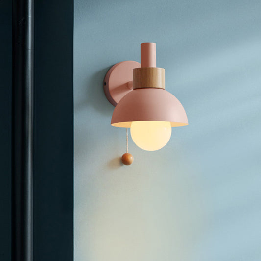 1 Head Bedside Wall Lamp Macaron White/Pink/Yellow Sconce Light Fixture with Domed Metal Shade Clearhalo 'Wall Lamps & Sconces' 'Wall Lights' Lighting' 338555