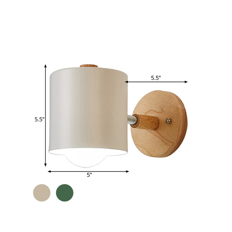 Tube Metal Wall Lighting Contemporary 1 Head White/Green Sconce Light Fixture with Circle Wood Backplate Clearhalo 'Wall Lamps & Sconces' 'Wall Lights' Lighting' 338617