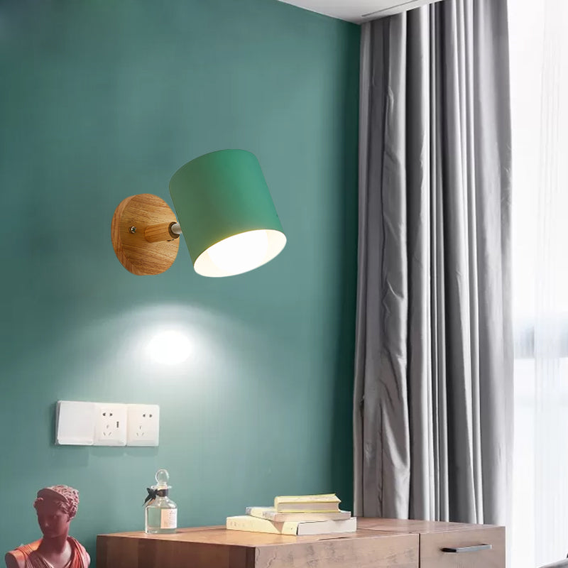 Tube Metal Wall Lighting Contemporary 1 Head White/Green Sconce Light Fixture with Circle Wood Backplate Green Clearhalo 'Wall Lamps & Sconces' 'Wall Lights' Lighting' 338618