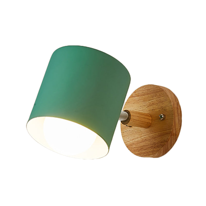 Tube Metal Wall Lighting Contemporary 1 Head White/Green Sconce Light Fixture with Circle Wood Backplate Clearhalo 'Wall Lamps & Sconces' 'Wall Lights' Lighting' 338620