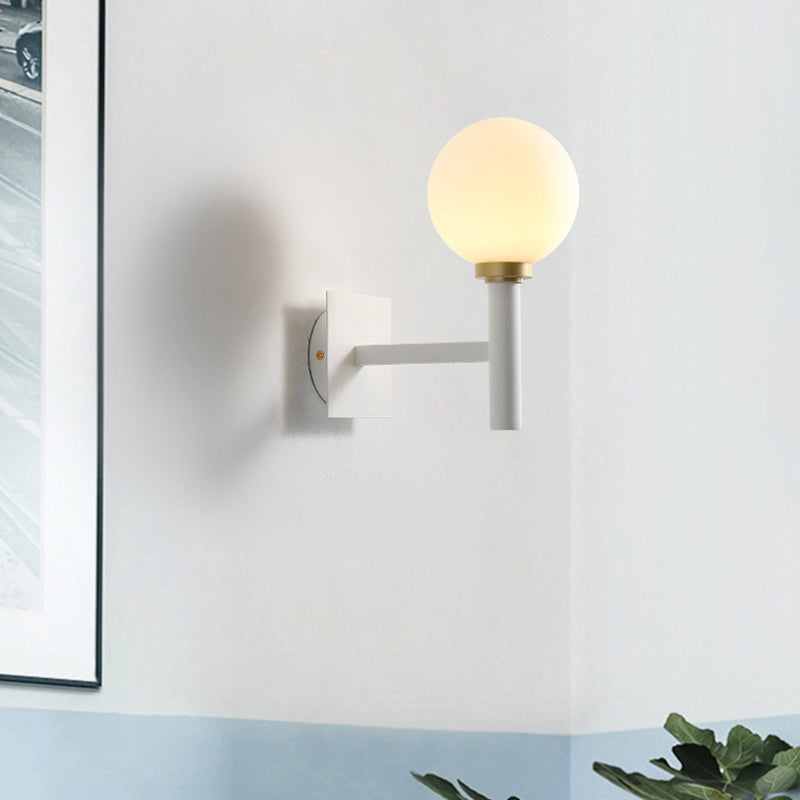 Metal Armed Wall Lamp Minimalist 1 Bulb White Sconce Light Fixture with Opal Glass Shade Clearhalo 'Cast Iron' 'Glass' 'Industrial' 'Modern wall lights' 'Modern' 'Tiffany' 'Traditional wall lights' 'Wall Lamps & Sconces' 'Wall Lights' Lighting' 338631