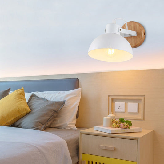 1 Head Bowl Wall Lamp Modernism Metal Sconce Light Fixture in White with Round Wood Backplate Clearhalo 'Wall Lamps & Sconces' 'Wall Lights' Lighting' 338659
