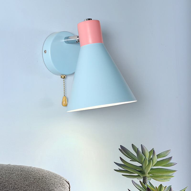 Metal Wide Flare Sconce Contemporary 1 Head Wall Mount Light Fixture in Blue with Pull Chain Clearhalo 'Cast Iron' 'Glass' 'Industrial' 'Modern wall lights' 'Modern' 'Tiffany' 'Traditional wall lights' 'Wall Lamps & Sconces' 'Wall Lights' Lighting' 338703