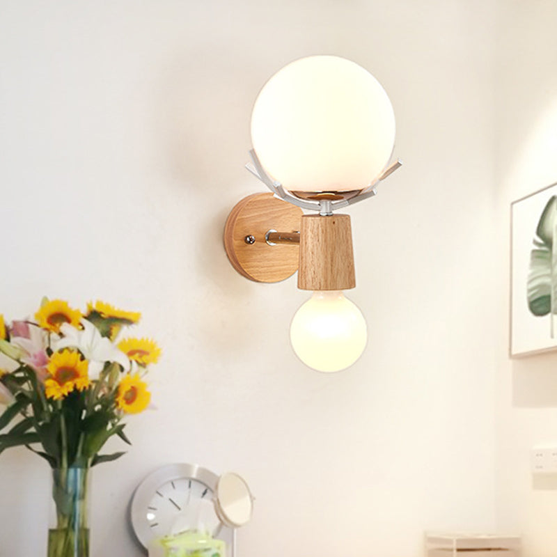 2 Heads Bedside Wall Lighting Modernist Wood Sconce Light Fixture with Ball White Glass Shade Clearhalo 'Wall Lamps & Sconces' 'Wall Lights' Lighting' 338751