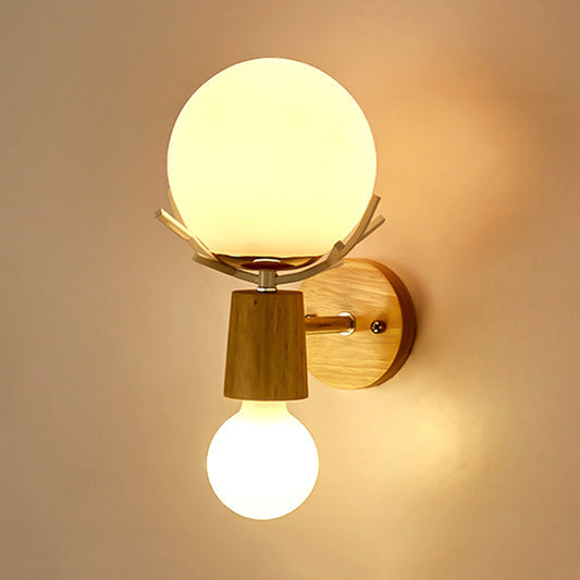 2 Heads Bedside Wall Lighting Modernist Wood Sconce Light Fixture with Ball White Glass Shade Clearhalo 'Wall Lamps & Sconces' 'Wall Lights' Lighting' 338752