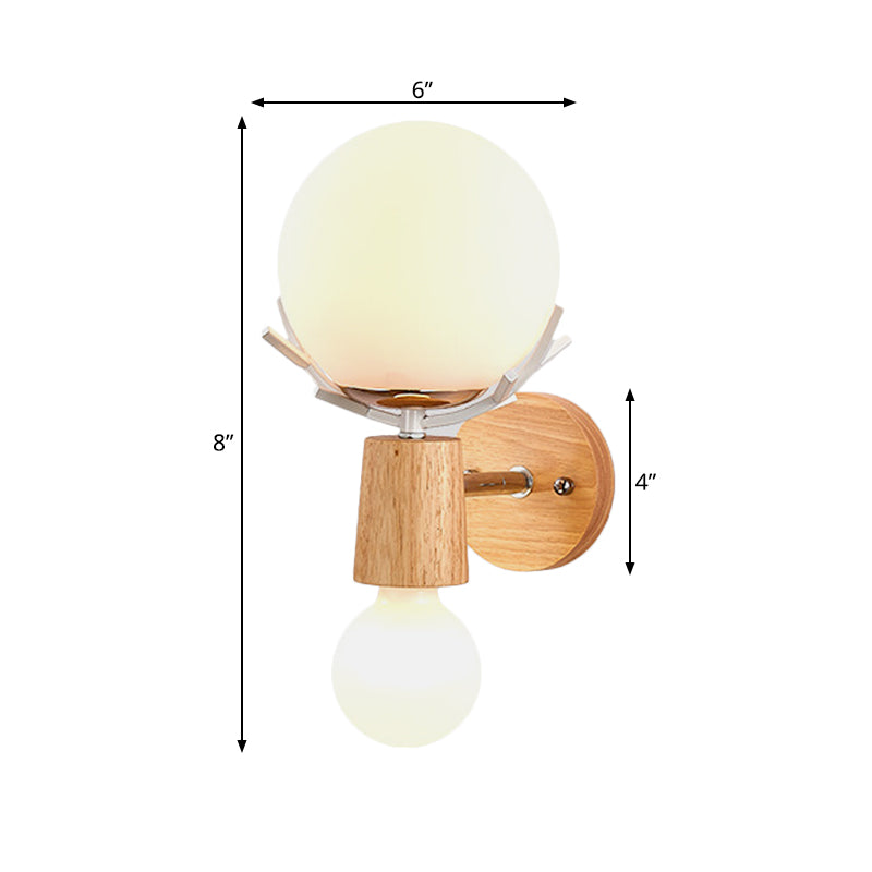 2 Heads Bedside Wall Lighting Modernist Wood Sconce Light Fixture with Ball White Glass Shade Clearhalo 'Wall Lamps & Sconces' 'Wall Lights' Lighting' 338754