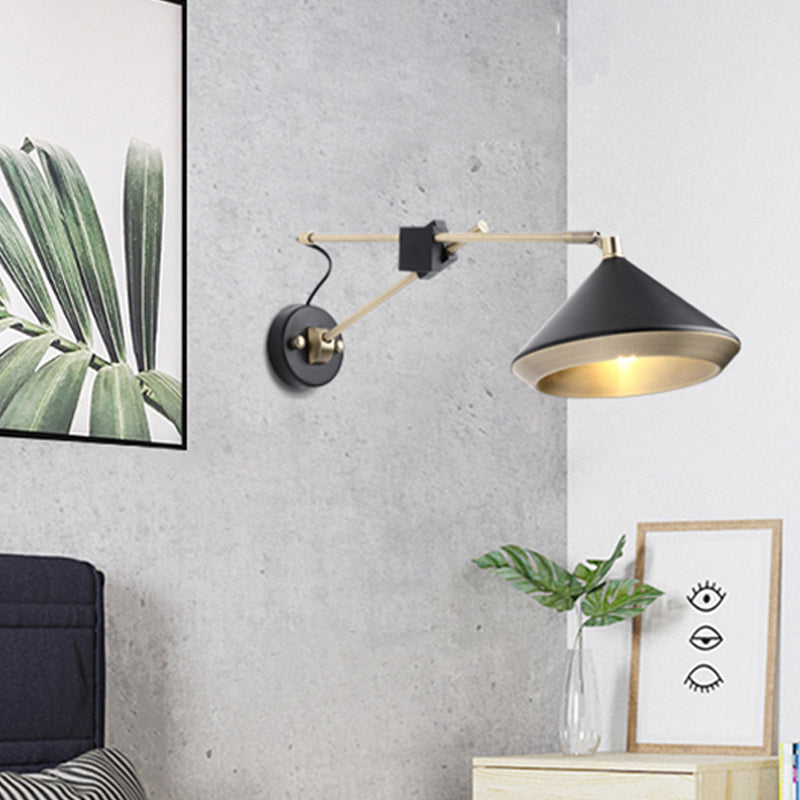 Wide Flare Sconce Contemporary Metal 1 Bulb White/Black Wall Mounted Light Fixture with Adjustable Arm Black Clearhalo 'Cast Iron' 'Glass' 'Industrial' 'Modern wall lights' 'Modern' 'Tiffany' 'Traditional wall lights' 'Wall Lamps & Sconces' 'Wall Lights' Lighting' 338760