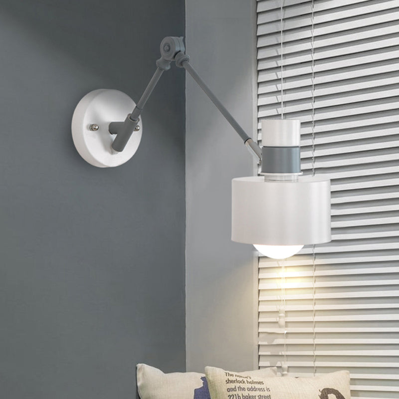 1 Bulb Drum Sconce Light Modernist Metal Wall Lighting Fixture in Grey with Adjustable Arm Grey Clearhalo 'Cast Iron' 'Glass' 'Industrial' 'Modern wall lights' 'Modern' 'Tiffany' 'Traditional wall lights' 'Wall Lamps & Sconces' 'Wall Lights' Lighting' 338773