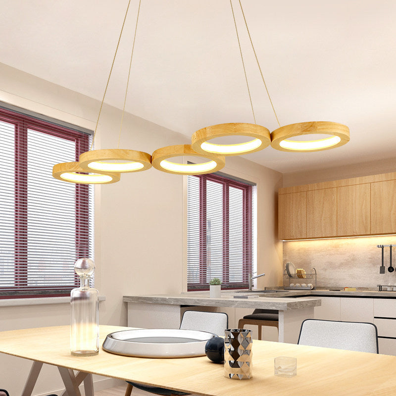 4/5 Lights Dining Room Chandelier with Orbicular Wood Shade Modernist Beige Led Hanging Pendant Light in Warm Light 5 Wood Clearhalo 'Ceiling Lights' 'Chandeliers' Lighting' options 338846_431960f9-1ceb-42b6-8925-28e058232b5d