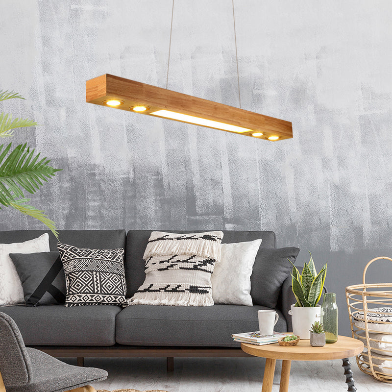 Rectangular Wood Chandelier Light Contemporary Led 31.5"/47" Wide Beige Led Hanging Ceiling Lamp in Warm Light Clearhalo 'Ceiling Lights' 'Chandeliers' Lighting' options 338854