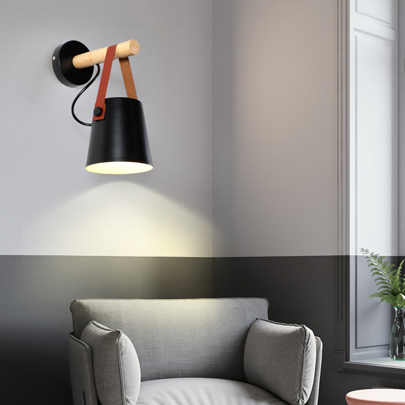 Metal Cone Sconce Light Modernist 1 Head White/Black Wall Lighting Fixture with Wood Arm Clearhalo 'Wall Lamps & Sconces' 'Wall Lights' Lighting' 338877