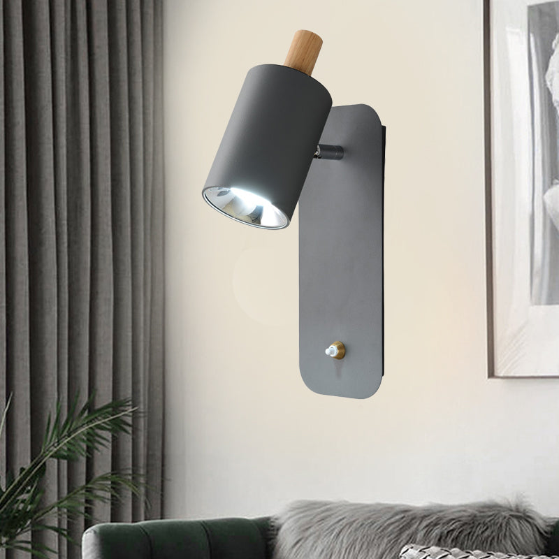 Cylindrical Wall Lighting Minimalist Metal 1 Head White/Grey Sconce Light Fixture with Wood Cap Clearhalo 'Wall Lamps & Sconces' 'Wall Lights' Lighting' 338906