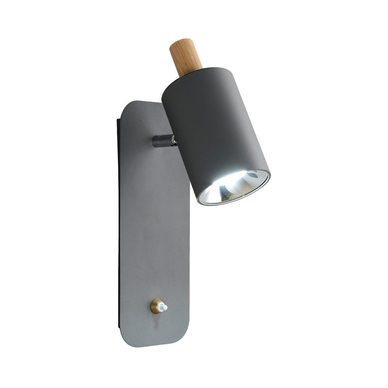 Cylindrical Wall Lighting Minimalist Metal 1 Head White/Grey Sconce Light Fixture with Wood Cap Clearhalo 'Wall Lamps & Sconces' 'Wall Lights' Lighting' 338908