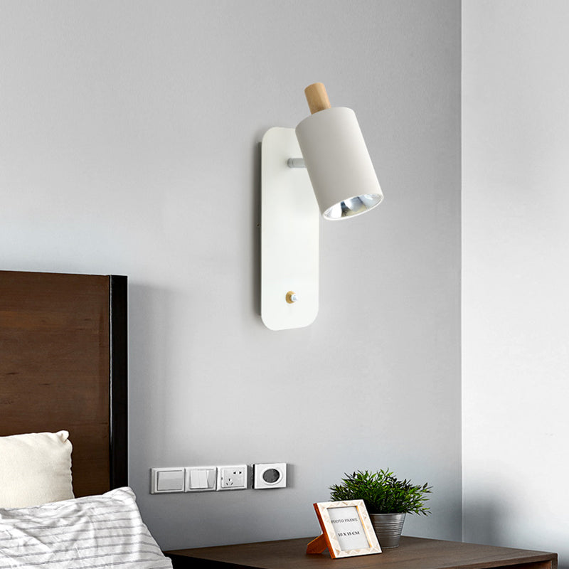 Cylindrical Wall Lighting Minimalist Metal 1 Head White/Grey Sconce Light Fixture with Wood Cap Clearhalo 'Wall Lamps & Sconces' 'Wall Lights' Lighting' 338911