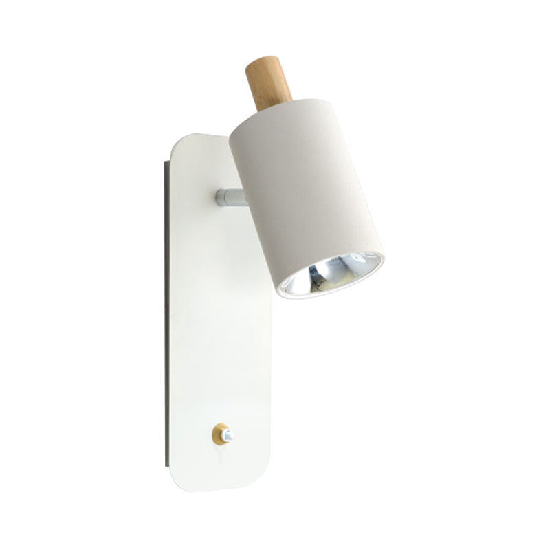 Cylindrical Wall Lighting Minimalist Metal 1 Head White/Grey Sconce Light Fixture with Wood Cap Clearhalo 'Wall Lamps & Sconces' 'Wall Lights' Lighting' 338912