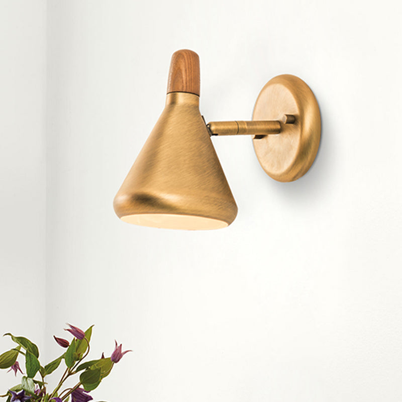 Cone Wall Mount Light Asian Wooden 1 Head Bedroom Wall Sconce Lighting with Metal Shade Clearhalo 'Wall Lamps & Sconces' 'Wall Lights' Lighting' 338994