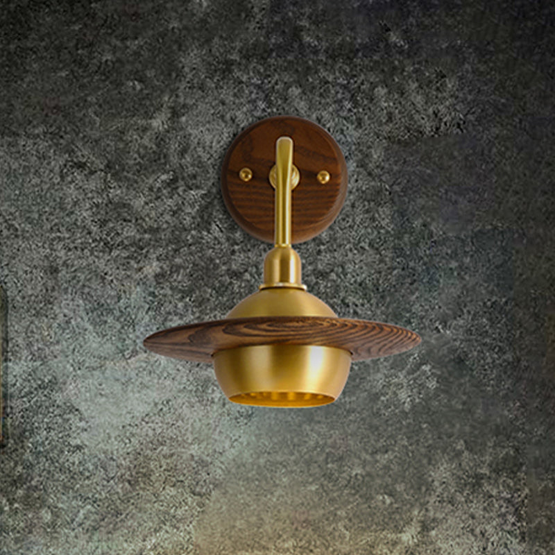 1 Light Bedroom Wall Sconce Asian Brass Wall Light Fixture with Globe Wooden Shade Clearhalo 'Wall Lamps & Sconces' 'Wall Lights' Lighting' 339131