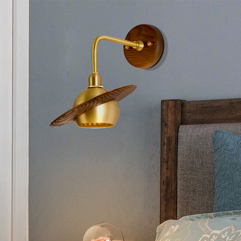 1 Light Bedroom Wall Sconce Asian Brass Wall Light Fixture with Globe Wooden Shade Clearhalo 'Wall Lamps & Sconces' 'Wall Lights' Lighting' 339132