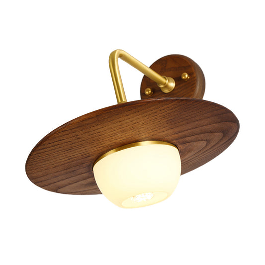 1 Light Bedroom Wall Sconce Asian Brass Wall Light Fixture with Globe Wooden Shade Clearhalo 'Wall Lamps & Sconces' 'Wall Lights' Lighting' 339133
