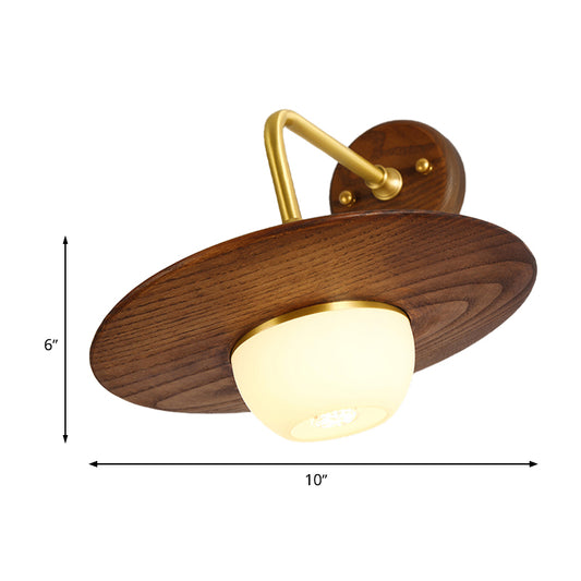 1 Light Bedroom Wall Sconce Asian Brass Wall Light Fixture with Globe Wooden Shade Clearhalo 'Wall Lamps & Sconces' 'Wall Lights' Lighting' 339134