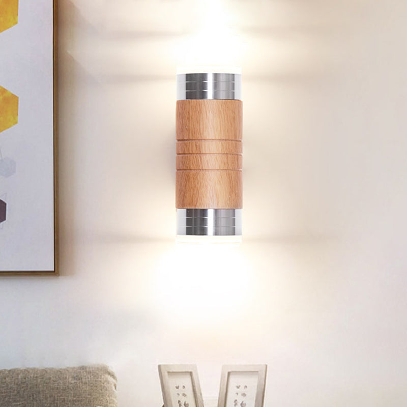 Cylinder Wooden Wall Sconce Light Asian 1 Bulb Chrome LED Wall Lighting for Living Room Chrome Clearhalo 'Wall Lamps & Sconces' 'Wall Lights' Lighting' 339135