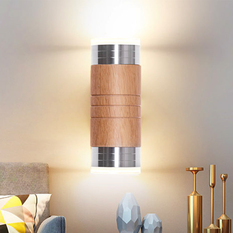 Cylinder Wooden Wall Sconce Light Asian 1 Bulb Chrome LED Wall Lighting for Living Room Clearhalo 'Wall Lamps & Sconces' 'Wall Lights' Lighting' 339136