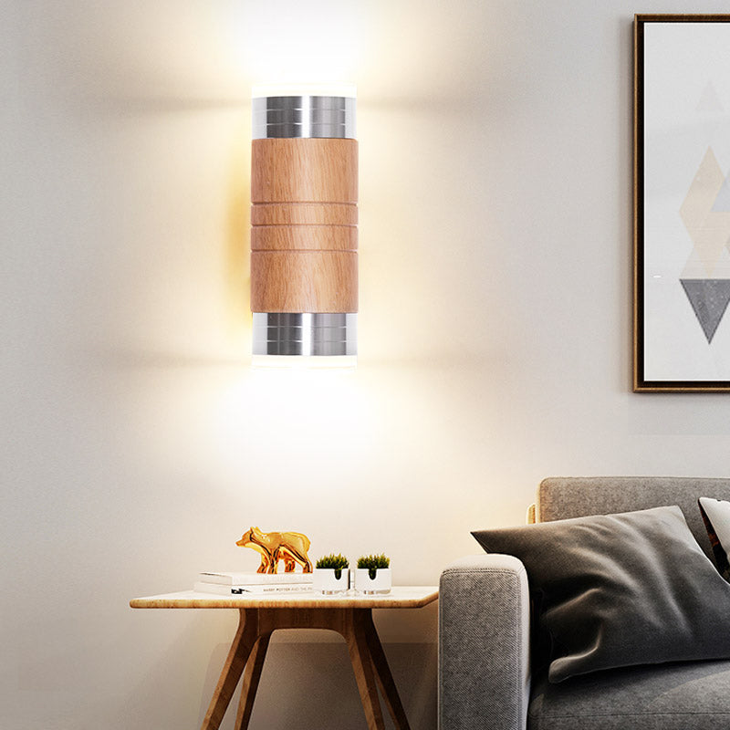 Cylinder Wooden Wall Sconce Light Asian 1 Bulb Chrome LED Wall Lighting for Living Room Clearhalo 'Wall Lamps & Sconces' 'Wall Lights' Lighting' 339137