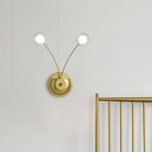 2 Bulbs Bedroom Wall Light Contemporary Gold LED Wall Mounted Lighting with Global Clear Glass Shade Clearhalo 'Cast Iron' 'Glass' 'Industrial' 'Modern wall lights' 'Modern' 'Tiffany' 'Traditional wall lights' 'Wall Lamps & Sconces' 'Wall Lights' Lighting' 339157