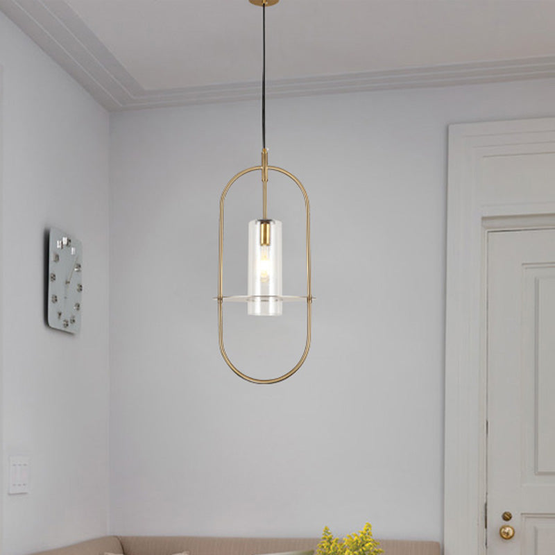 Modernism Cylinder Hanging Light Fixture Metal 1 Light Living Room Ceiling Pendant in Gold Clearhalo 'Ceiling Lights' 'Modern Pendants' 'Modern' 'Pendant Lights' 'Pendants' Lighting' 339316