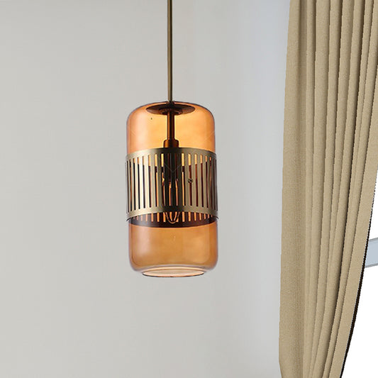 Cylinder Kitchen Island Suspension Lamp Amber/Green Glass 1 Head Minimalist Ceiling Hang Fixture Clearhalo 'Ceiling Lights' 'Glass shade' 'Glass' 'Modern Pendants' 'Modern' 'Pendant Lights' 'Pendants' Lighting' 339345