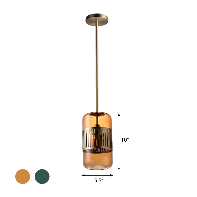 Cylinder Kitchen Island Suspension Lamp Amber/Green Glass 1 Head Minimalist Ceiling Hang Fixture Clearhalo 'Ceiling Lights' 'Glass shade' 'Glass' 'Modern Pendants' 'Modern' 'Pendant Lights' 'Pendants' Lighting' 339348